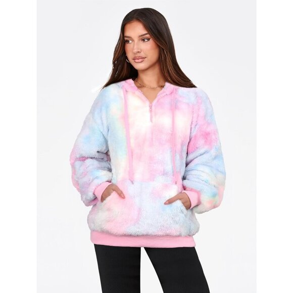 Women Pink Tie-dye Oversized Fuzzy Fleece Zip up Hoodie Sweatshirt - Picture 4 of 5